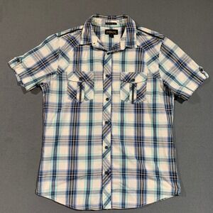 Helix Mens L Athletic‎ Fit Plaid Short Sleeve Button Up Shirt Casual Top